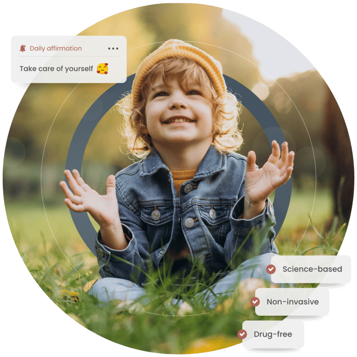 Smiling child outdoors with callouts reading Science-based, Non-invasive and Drug-free