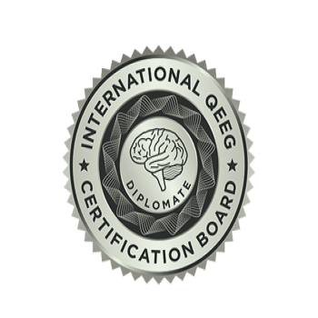 Seal with "International QEEG Certification Board" text, brain illustration, and "Diplomate" label in center.