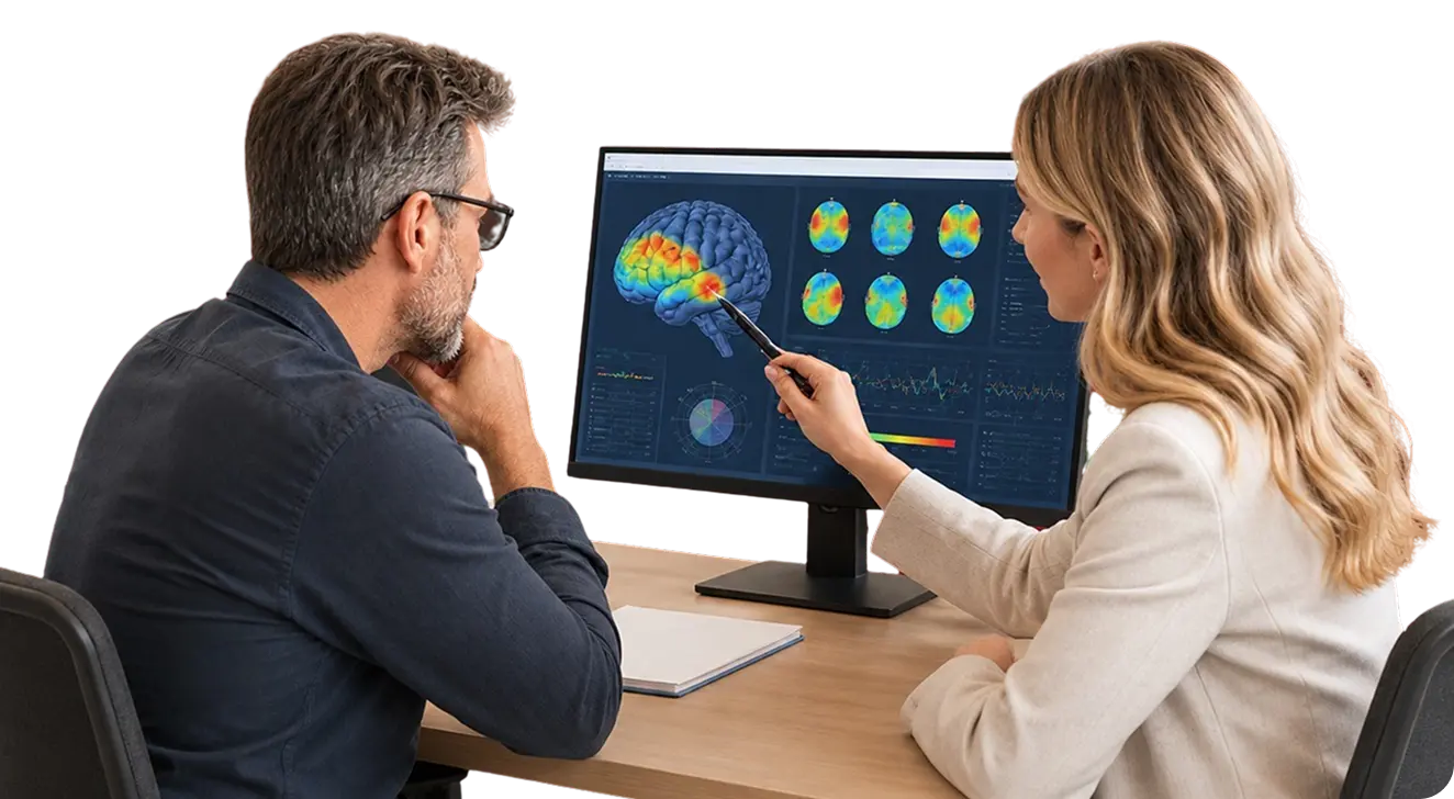 Two people analyzing 3D qEEG brain maps on a computer screen, with colorful brain activity visuals.