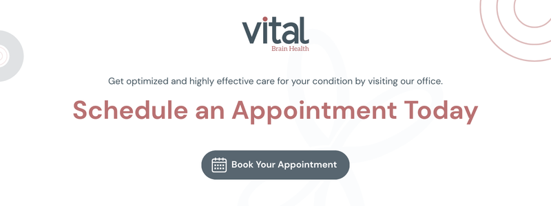 Vital Brain Health logo with text: "Schedule an Appointment Today" and "Book Your Appointment" button.