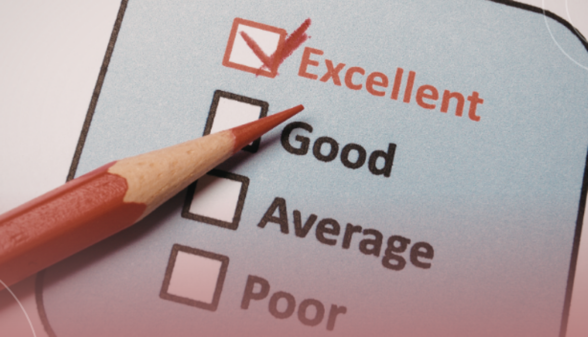 Pencil marking "Excellent" on a checklist with options: Excellent, Good, Average, Poor.
