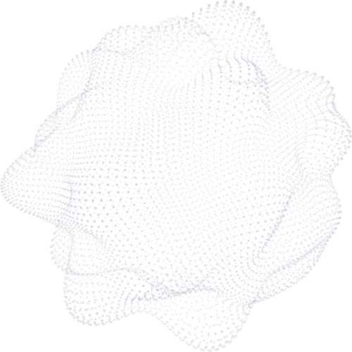 Abstract 3D shape composed of blue dots, resembling a dynamic, flowing wave pattern.