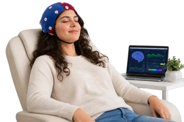 Woman relaxing in a chair wearing an EEG cap, with brainwave data displayed on a laptop nearby.